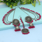 Rani colour Jhumka and Maang Tikka set